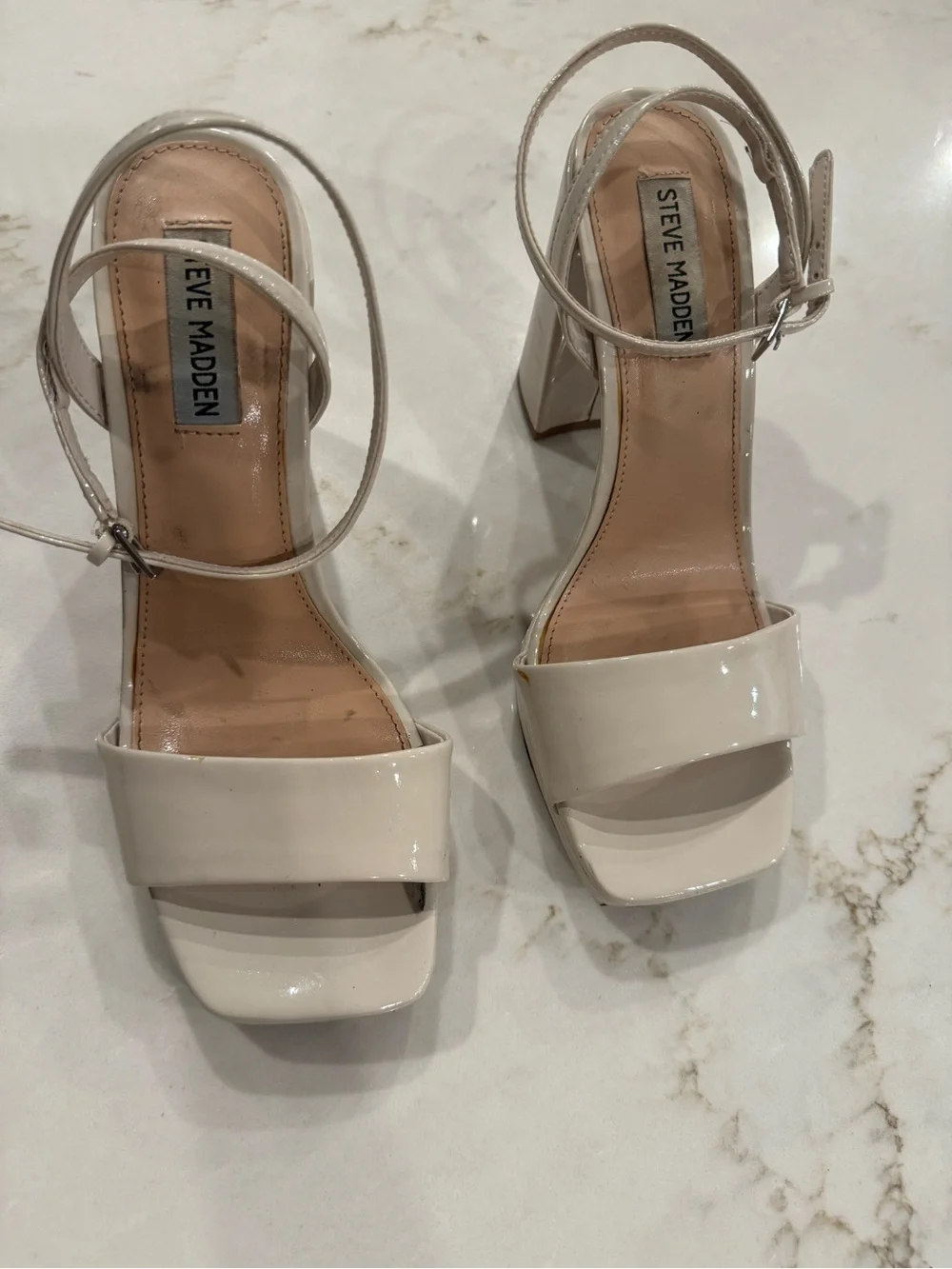 Steve Madden Cream Patent Platform Block Heels